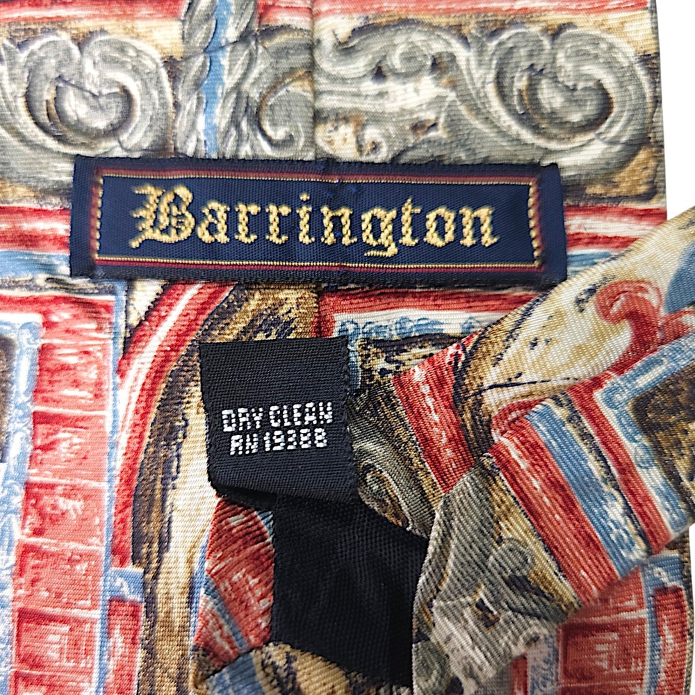 Barrington Silk Necktie Ornate Baroque Architectural Print Red Gold Vintage OS - Picture 5 of 6